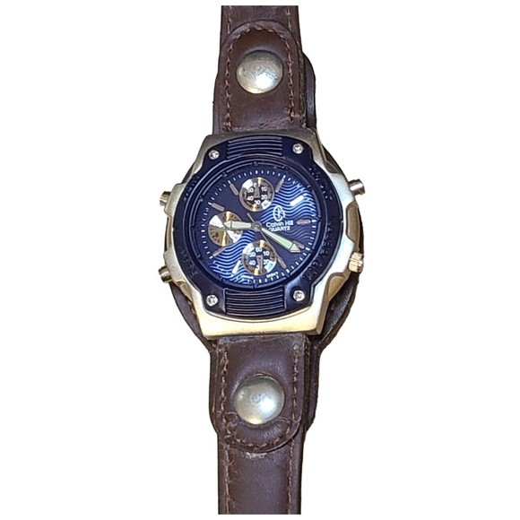 Calvin Hill Mens Vintage Watch Quartz Brown Faux-Leather Band Blue Face - Picture 1 of 7